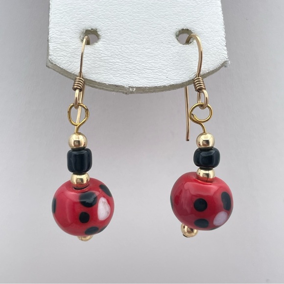 Unsigned Jewelry - Handmade Ladybug Dangle Earrings – Red & Black Glass Beads, Gold Hooks